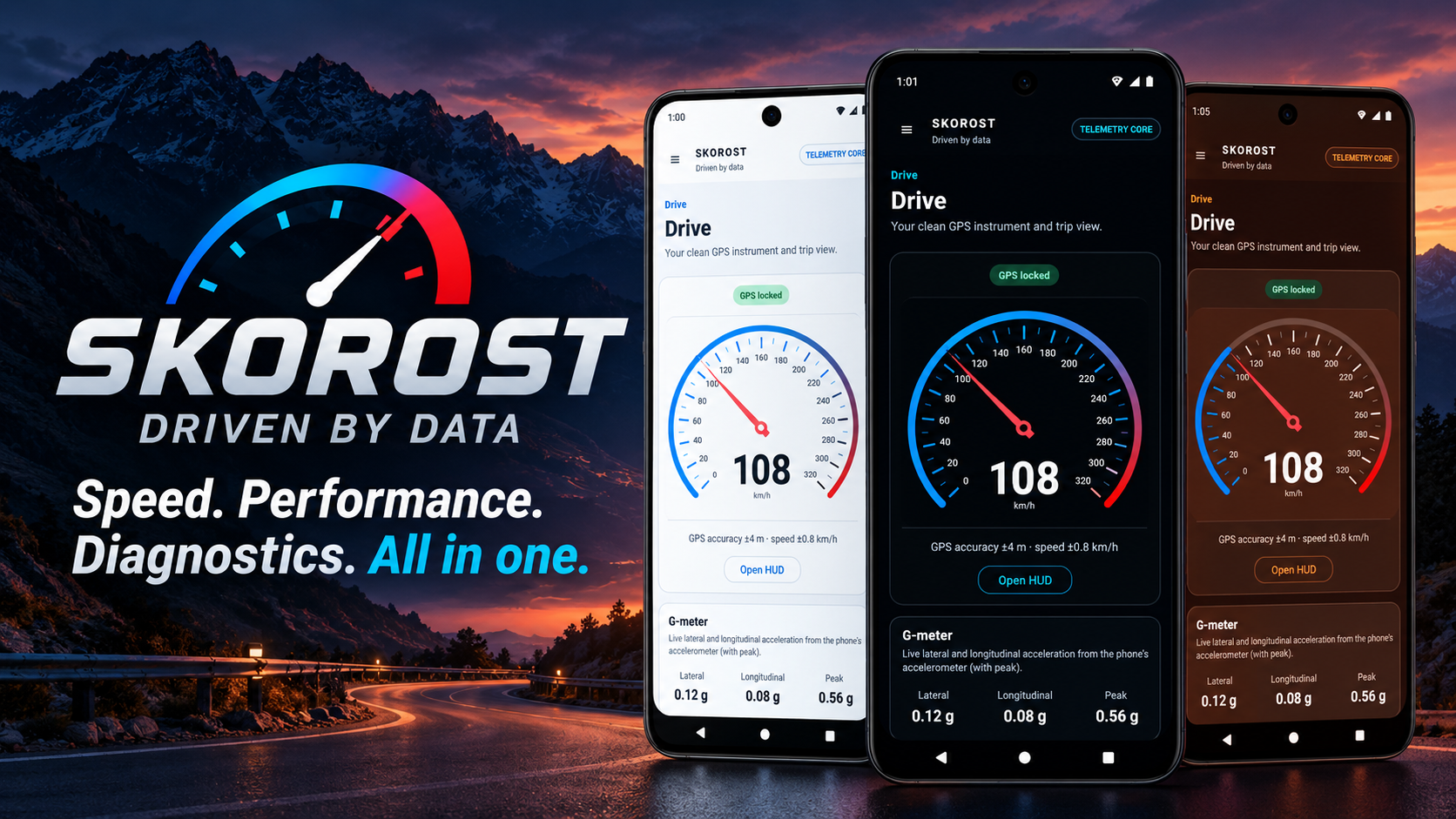 Skorost turns your Android phone into a polished GPS speedometer, performance tracker, GNSS diagnostic tool, OBD2 scanner and vehicle Garage.